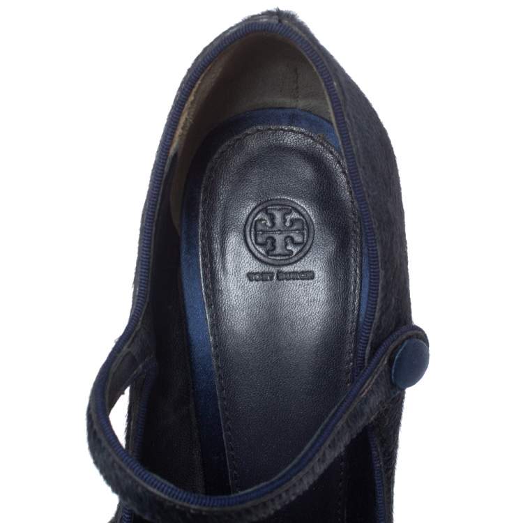 Pre Owned Tory Burch Navy Blue Calf Hair and Satin Dragon Fly Heel Mary Jane Pumps Size 37