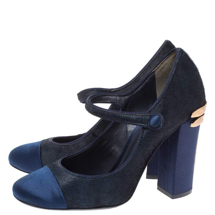 Pre Owned Tory Burch Navy Blue Calf Hair and Satin Dragon Fly Heel Mary Jane Pumps Size 37