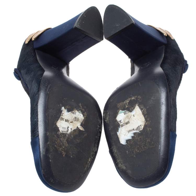 Pre Owned Tory Burch Navy Blue Calf Hair and Satin Dragon Fly Heel Mary Jane Pumps Size 37