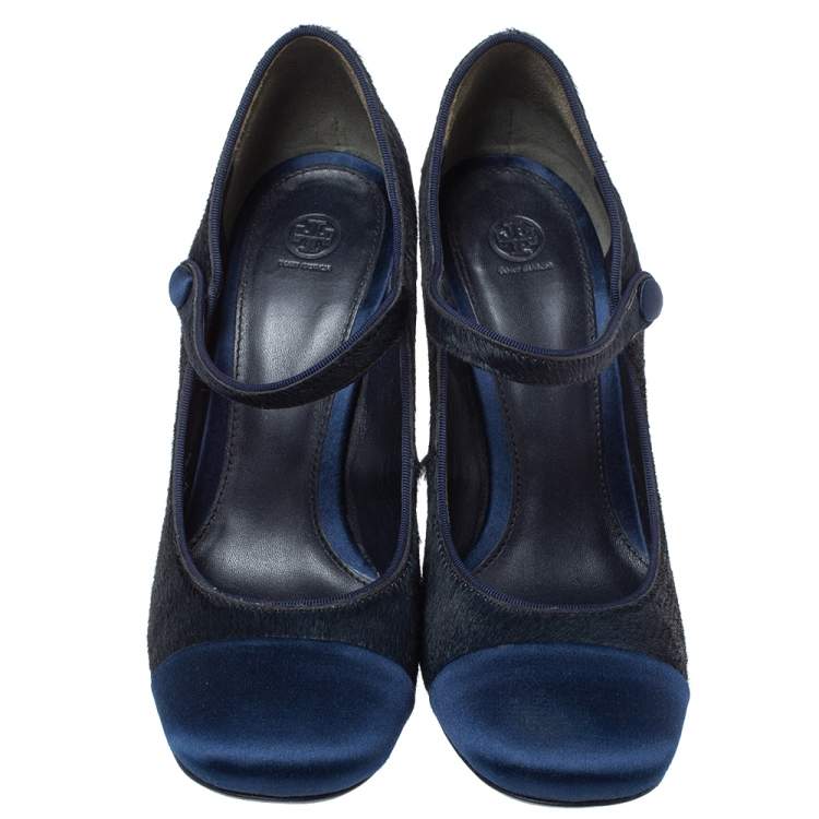 Pre Owned Tory Burch Navy Blue Calf Hair and Satin Dragon Fly Heel Mary Jane Pumps Size 37