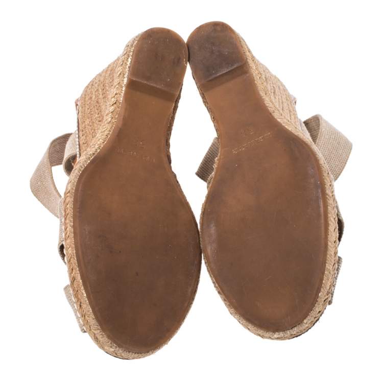 Pre Owned Tory Burch Ivory/Brown Elastic Band Adonis Wedge Espadrille Sandals Size 35