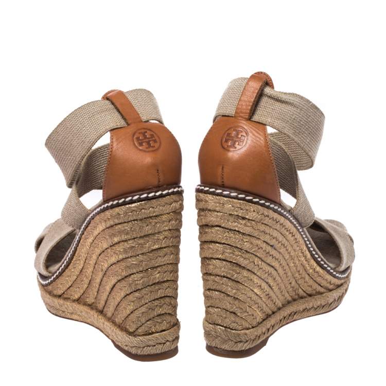 Pre Owned Tory Burch Ivory/Brown Elastic Band Adonis Wedge Espadrille Sandals Size 35