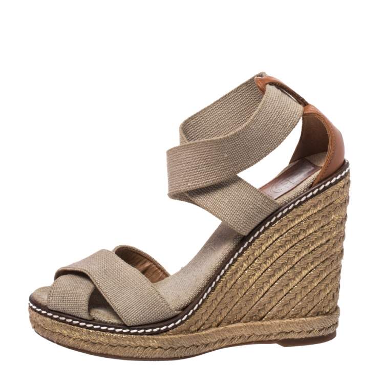 Tory Burch Ivory/Brown Elastic Band Adonis Wedge Espadrille Sandals Size 35 Tory  Burch | TLC