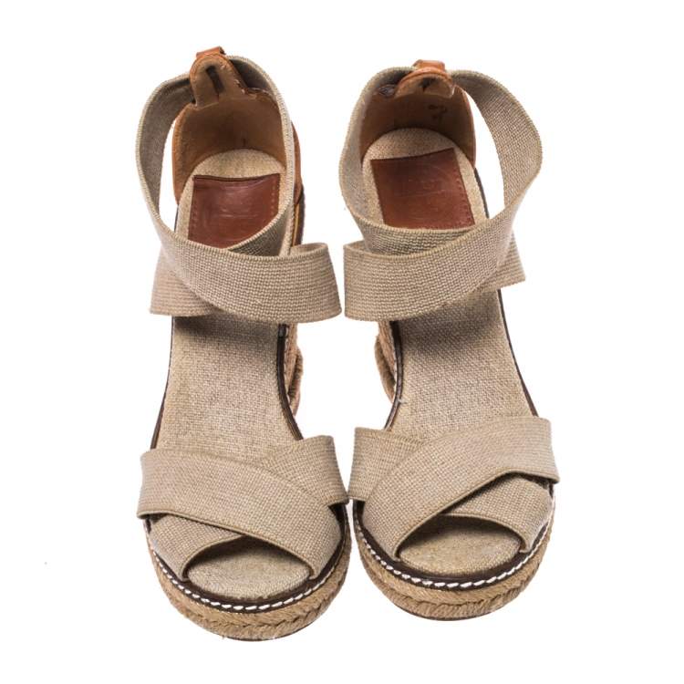 Pre Owned Tory Burch Ivory/Brown Elastic Band Adonis Wedge Espadrille Sandals Size 35