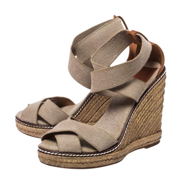 Pre Owned Tory Burch Ivory/Brown Elastic Band Adonis Wedge Espadrille Sandals Size 35