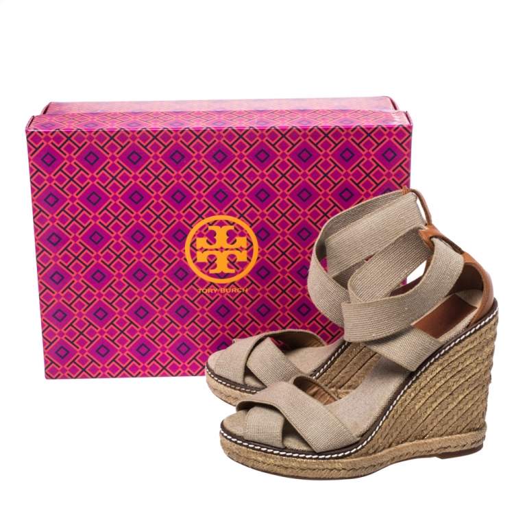 Pre Owned Tory Burch Ivory/Brown Elastic Band Adonis Wedge Espadrille Sandals Size 35