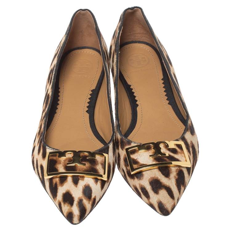 Pre Owned Tory Burch Brown Animal Print Calf Hair Gigi Ballet Flats Size 35.5