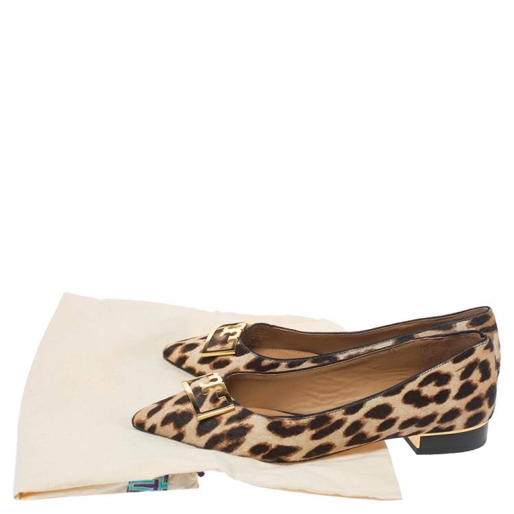 Pre Owned Tory Burch Brown Animal Print Calf Hair Gigi Ballet Flats Size 35.5