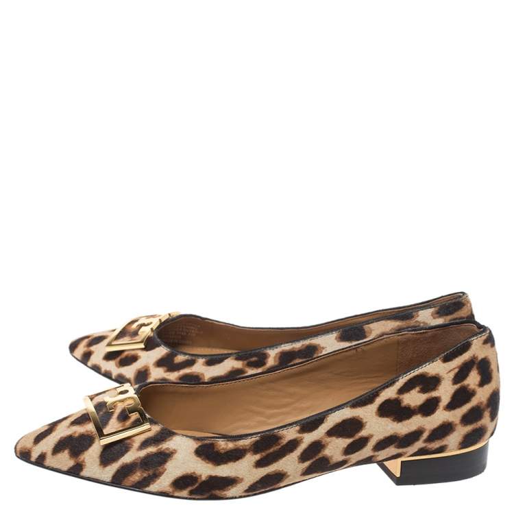 Pre Owned Tory Burch Brown Animal Print Calf Hair Gigi Ballet Flats Size 35.5