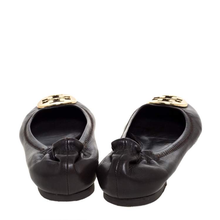 Pre Owned Tory Burch Brown Leather Minnie Scrunch Ballet Flats Size 37