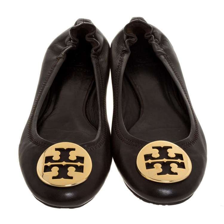 Pre Owned Tory Burch Brown Leather Minnie Scrunch Ballet Flats Size 37