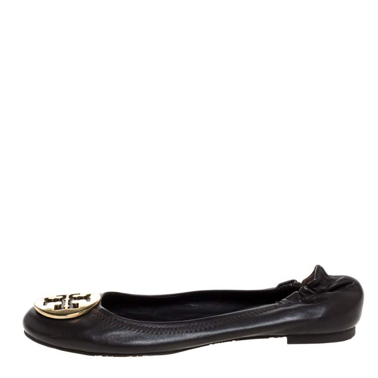 Pre Owned Tory Burch Brown Leather Minnie Scrunch Ballet Flats Size 37