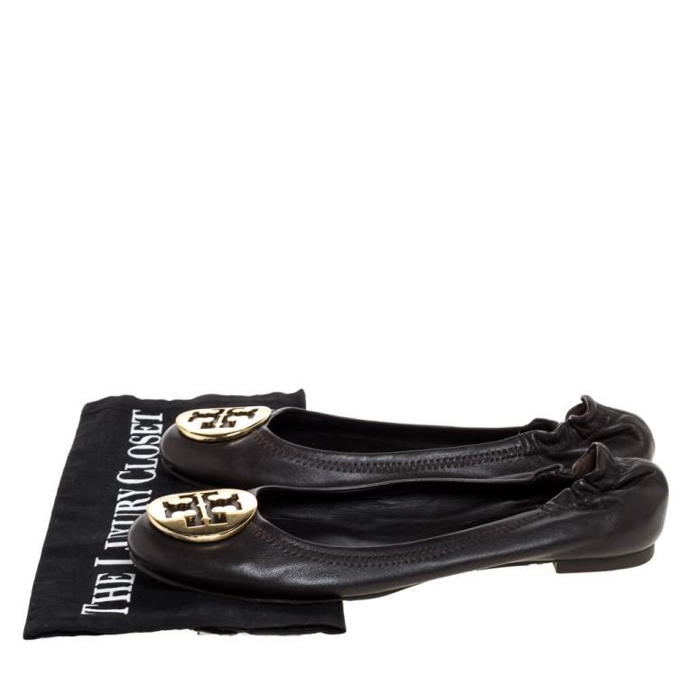 Pre Owned Tory Burch Brown Leather Minnie Scrunch Ballet Flats Size 37
