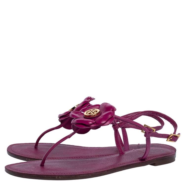 Pre Owned Tory Burch Pink Leather Flower T Strap Thong Flat Sandals Size 38.5
