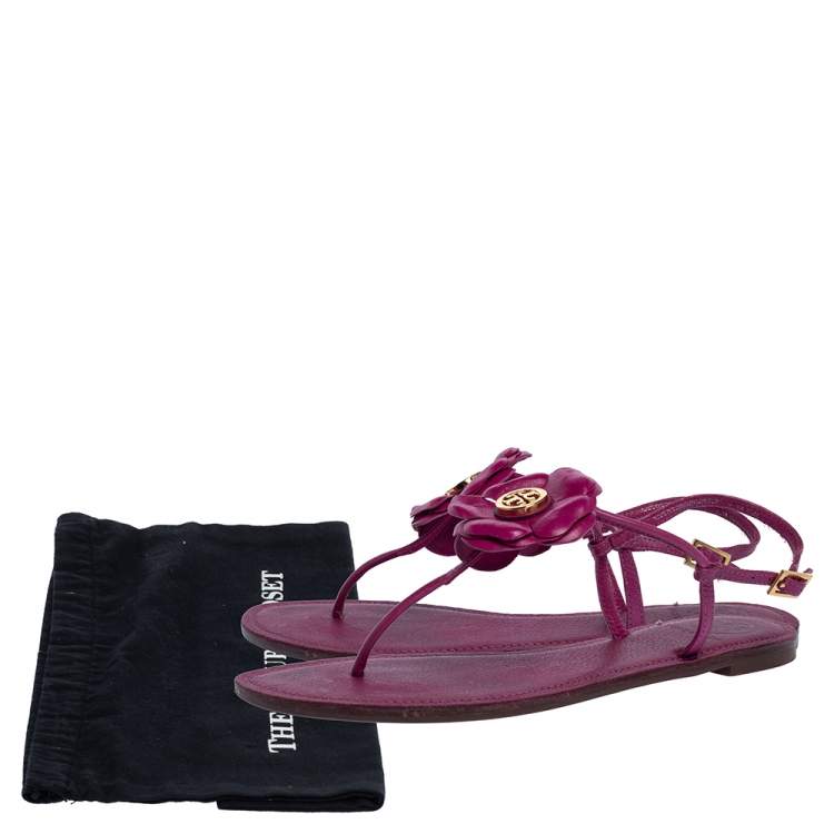 Pre Owned Tory Burch Pink Leather Flower T Strap Thong Flat Sandals Size 38.5