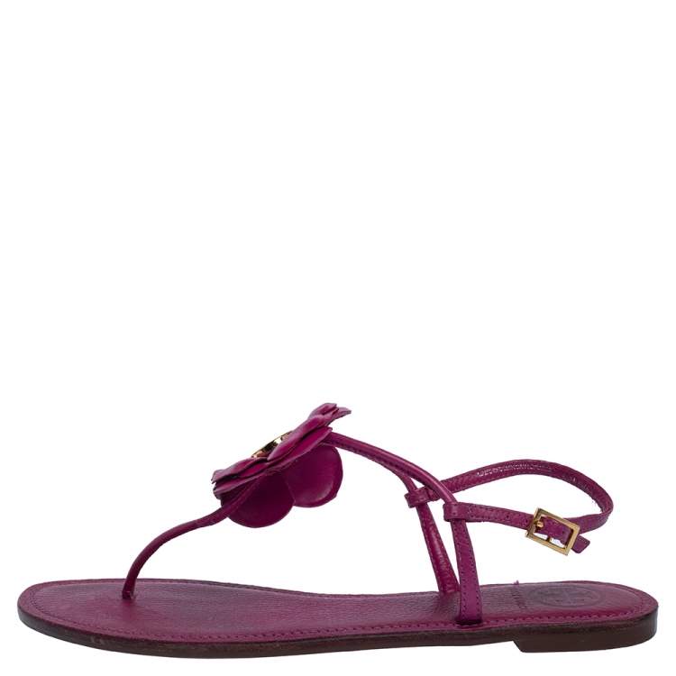 Tory Burch Pink Leather Flower T Strap Thong Flat Sandals Size  Tory  Burch | TLC