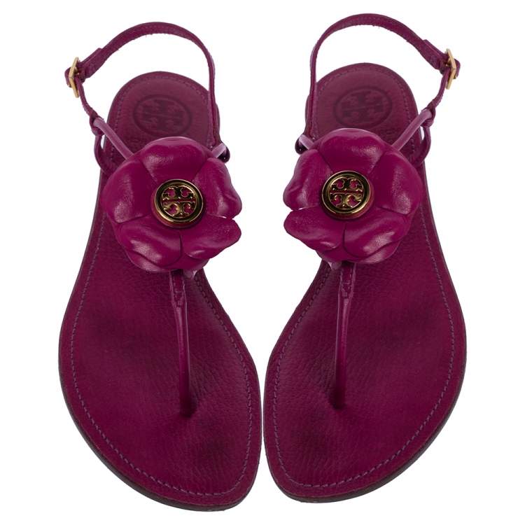 Pre Owned Tory Burch Pink Leather Flower T Strap Thong Flat Sandals Size 38.5