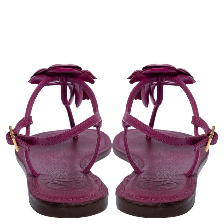 Pre Owned Tory Burch Pink Leather Flower T Strap Thong Flat Sandals Size 38.5