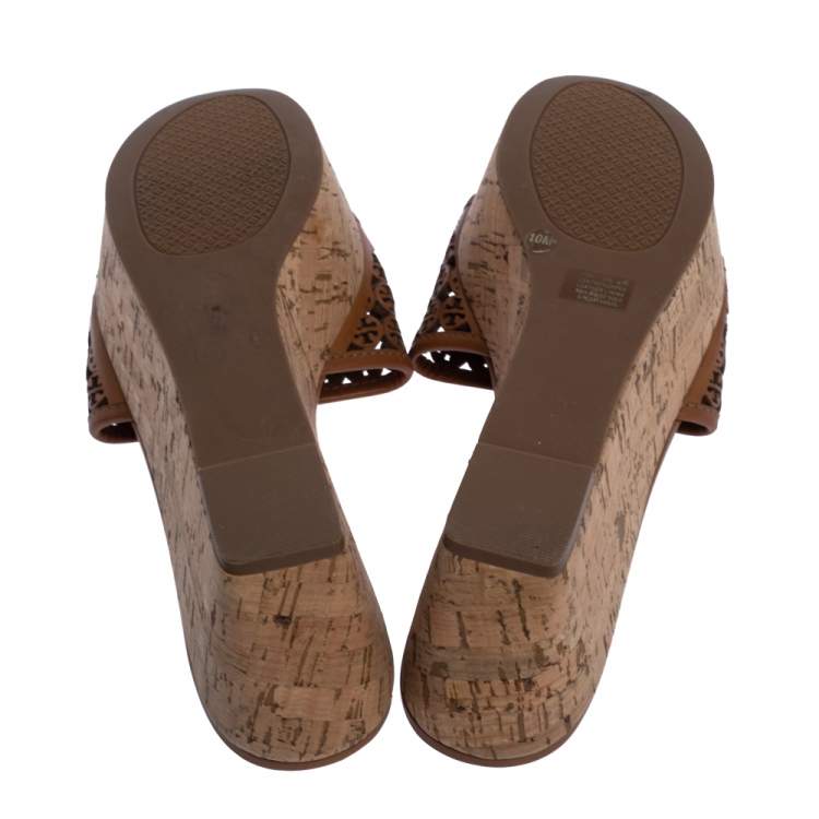 Pre Owned Tory Burch Brown Leather Cut Out Logo Cork Wedge Platform Sandals Size 40