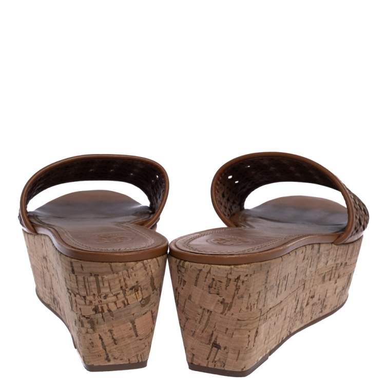Pre Owned Tory Burch Brown Leather Cut Out Logo Cork Wedge Platform Sandals Size 40