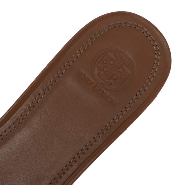 Pre Owned Tory Burch Brown Leather Cut Out Logo Cork Wedge Platform Sandals Size 40