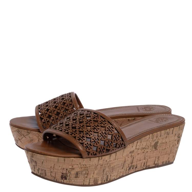 Pre Owned Tory Burch Brown Leather Cut Out Logo Cork Wedge Platform Sandals Size 40