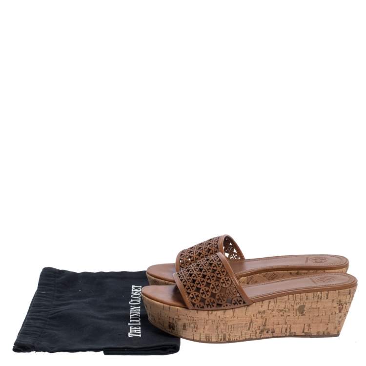 Pre Owned Tory Burch Brown Leather Cut Out Logo Cork Wedge Platform Sandals Size 40