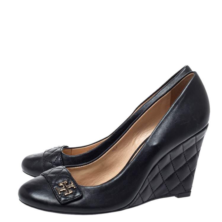 Pre Owned Tory Burch Black Leather Logo Wedge Pumps Size 41