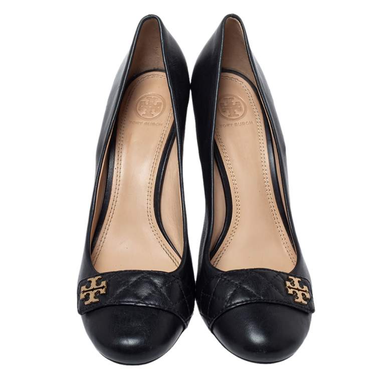 Pre Owned Tory Burch Black Leather Logo Wedge Pumps Size 41