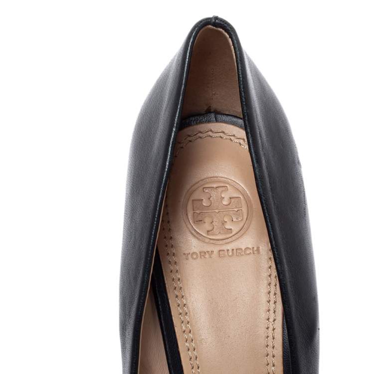 Pre Owned Tory Burch Black Leather Logo Wedge Pumps Size 41