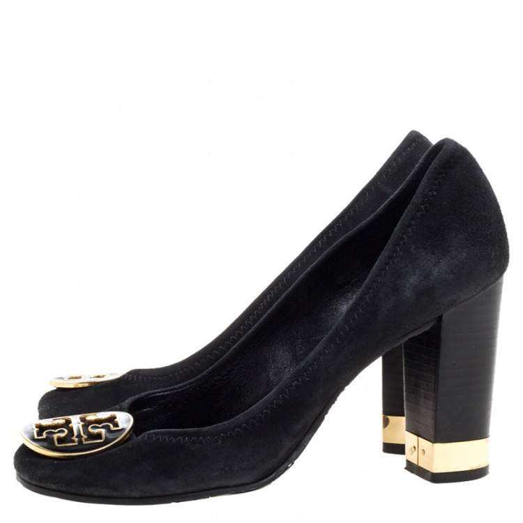 Pre Owned Tory Burch Black Suede Logo Embellished 'Maddie' Pumps Size 37