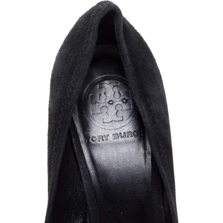 Pre Owned Tory Burch Black Suede Logo Embellished 'Maddie' Pumps Size 37