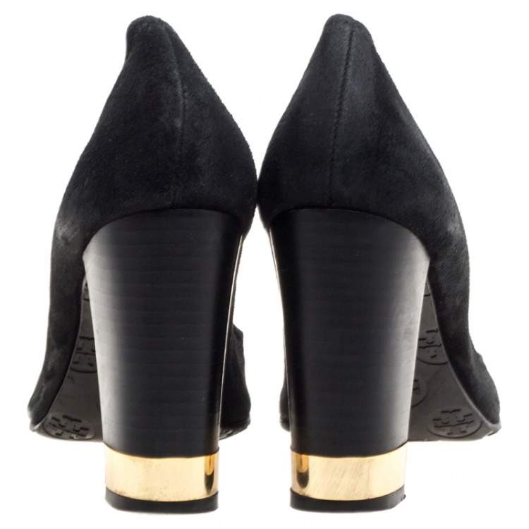 Pre Owned Tory Burch Black Suede Logo Embellished 'Maddie' Pumps Size 37