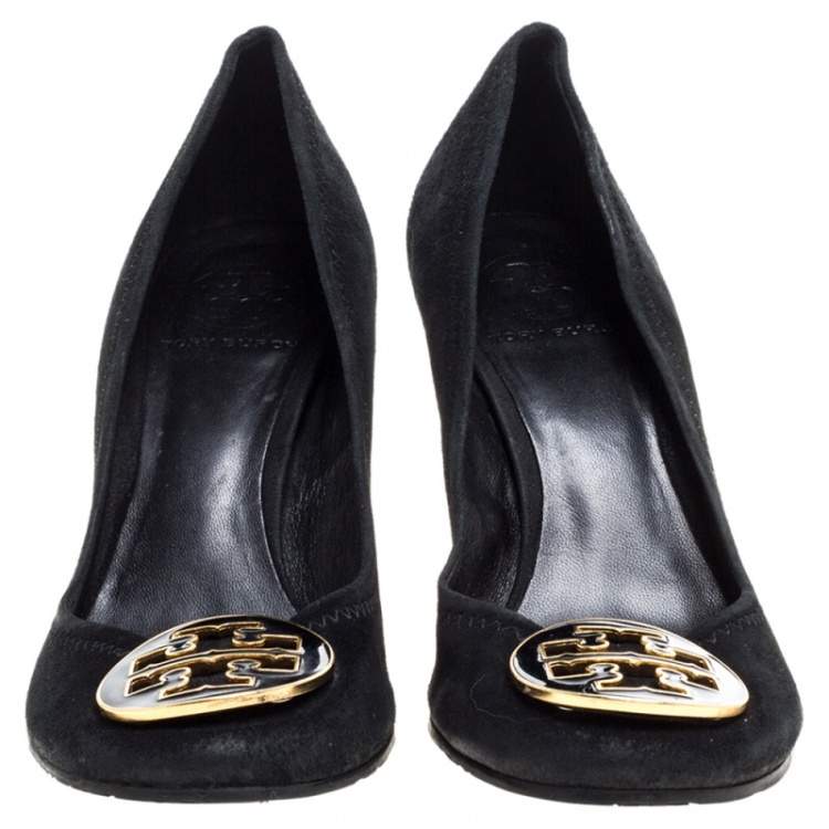 Pre Owned Tory Burch Black Suede Logo Embellished 'Maddie' Pumps Size 37