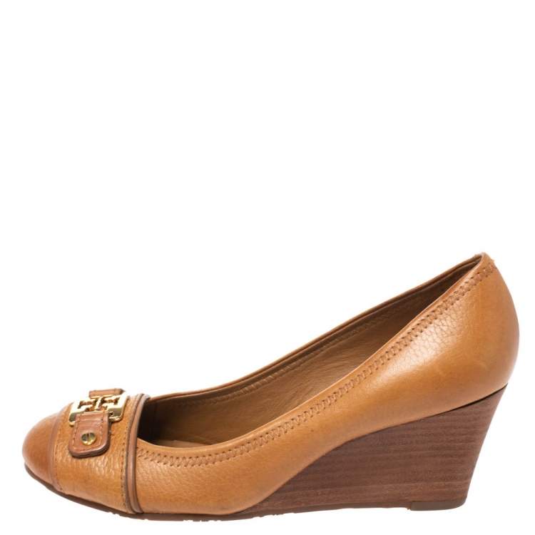 Pre Owned Tory Burch Brown Leather 'Ambrose' Wedge Pumps Size 36