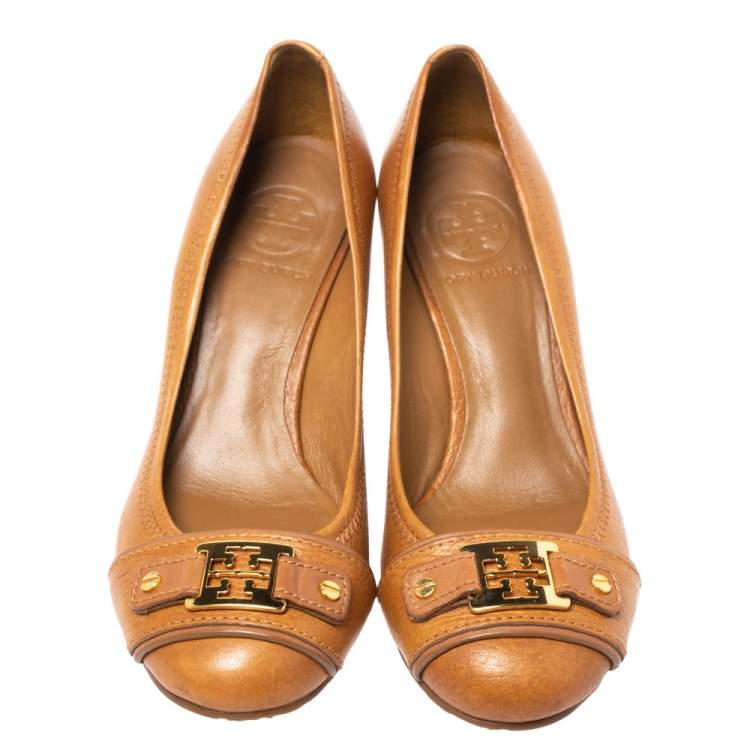Pre Owned Tory Burch Brown Leather 'Ambrose' Wedge Pumps Size 36