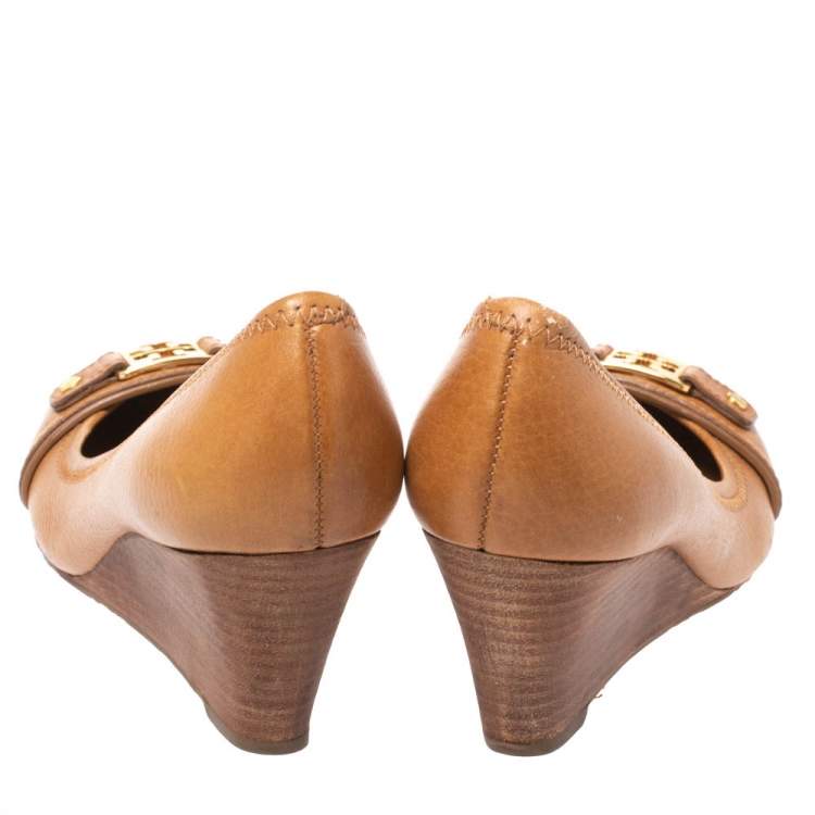 Pre Owned Tory Burch Brown Leather 'Ambrose' Wedge Pumps Size 36