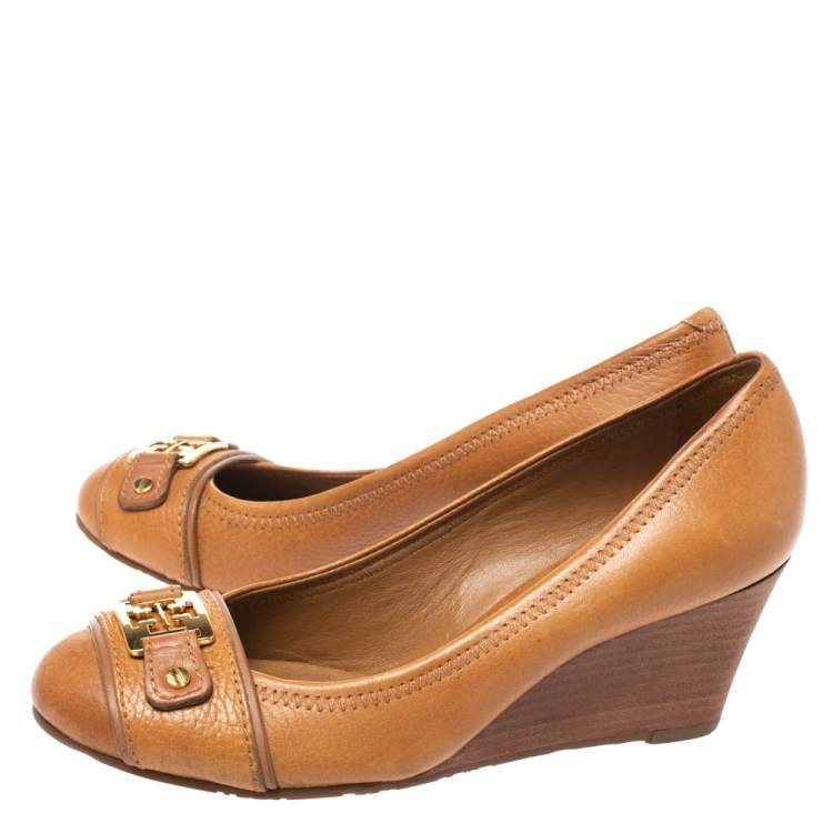 Pre Owned Tory Burch Brown Leather 'Ambrose' Wedge Pumps Size 36