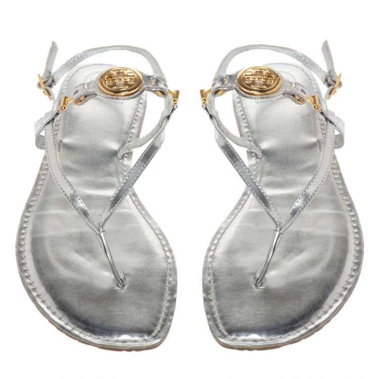 Pre Owned Tory Burch Metallic Silver Leather 'Ali' Thong Sandals Size 41 