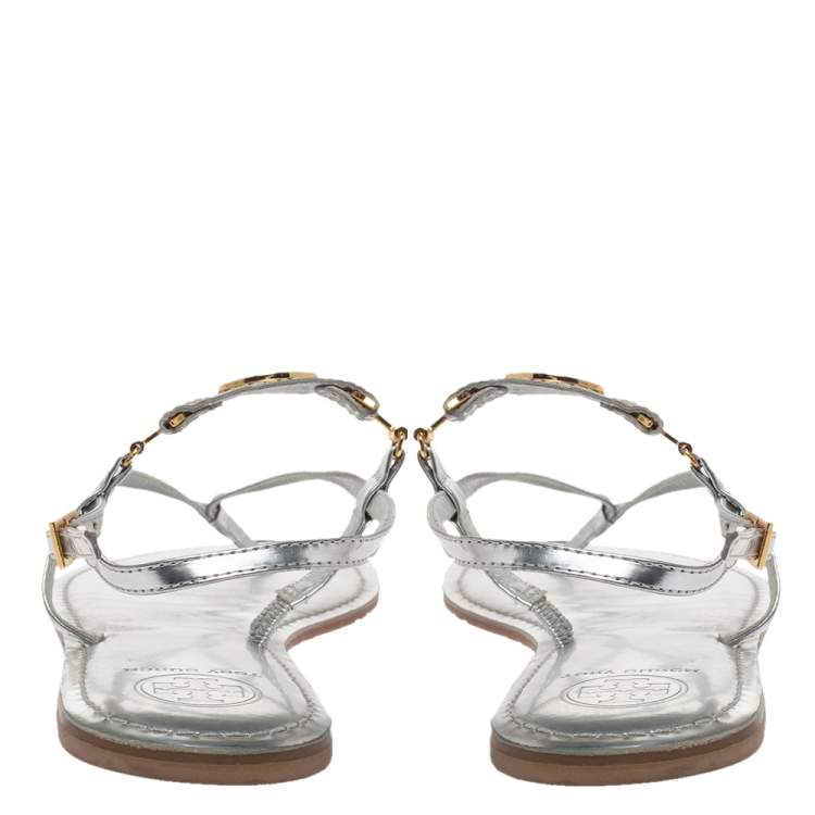 Pre Owned Tory Burch Metallic Silver Leather 'Ali' Thong Sandals Size 41 
