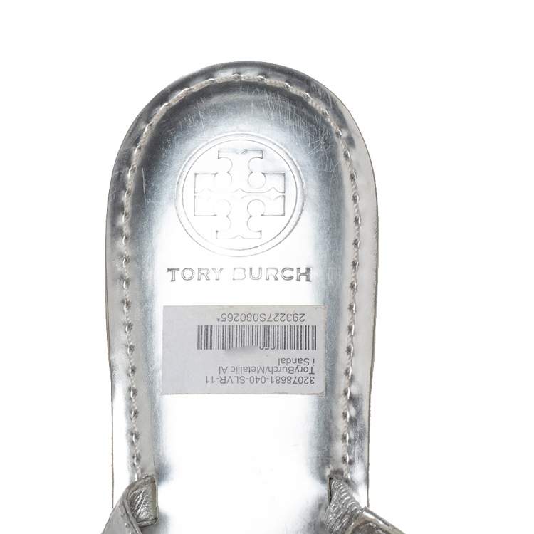 Pre Owned Tory Burch Metallic Silver Leather 'Ali' Thong Sandals Size 41 