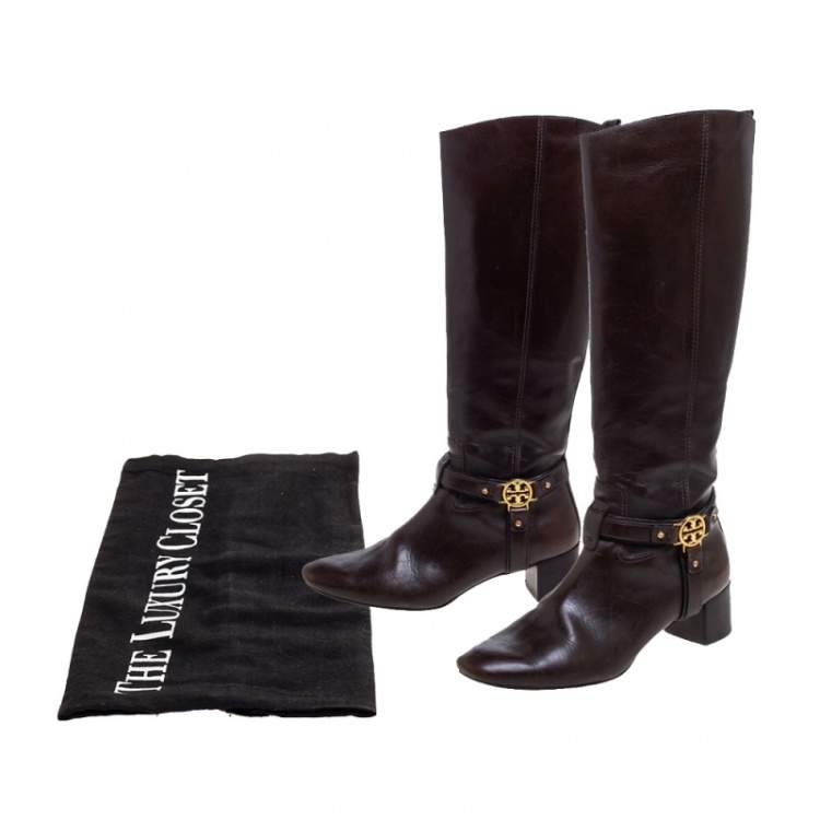 Pre Owned Tory Burch Dark Brown Leather Riding Knee High Boots Size 39
