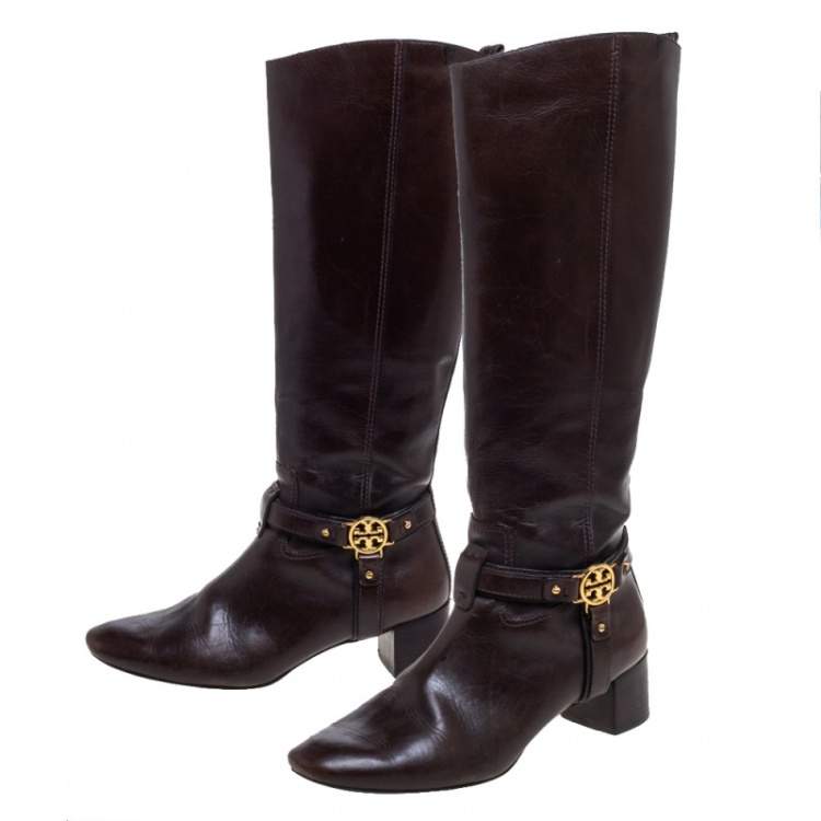 Pre Owned Tory Burch Dark Brown Leather Riding Knee High Boots Size 39