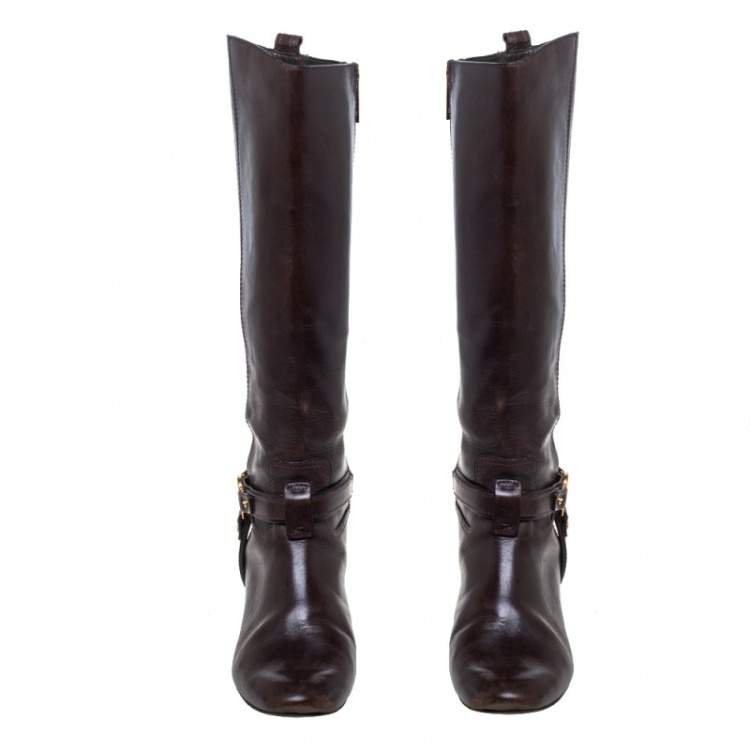 Pre Owned Tory Burch Dark Brown Leather Riding Knee High Boots Size 39