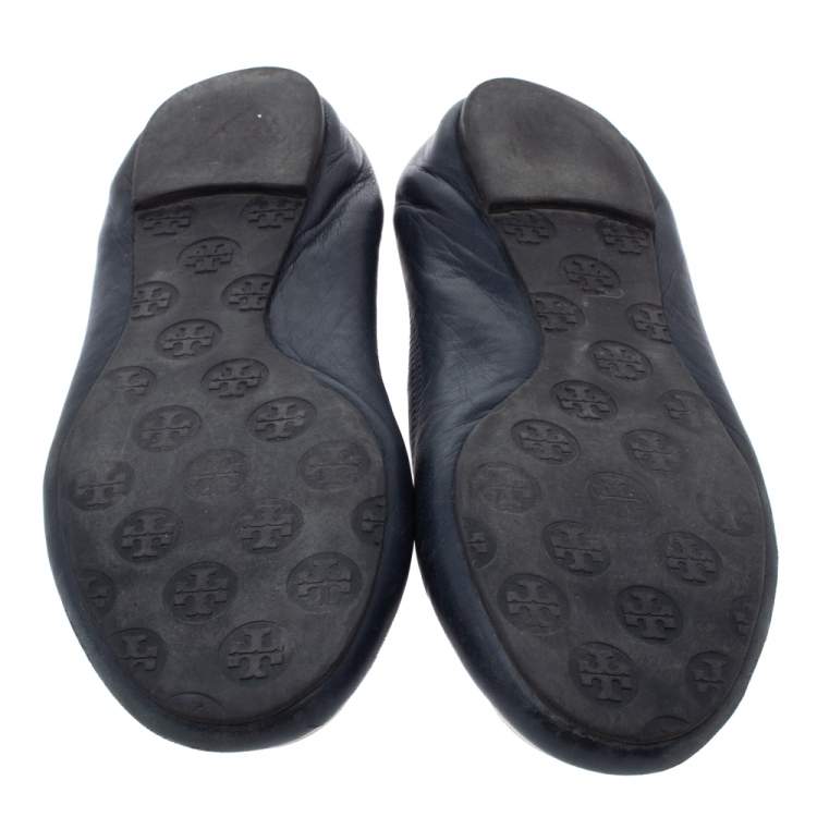 Pre Owned Tory Burch Navy Blue Leather Minnie Scrunch Ballet Flats Size 40.5