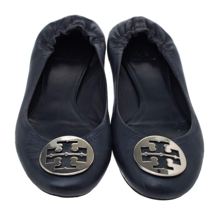 Pre Owned Tory Burch Navy Blue Leather Minnie Scrunch Ballet Flats Size 40.5