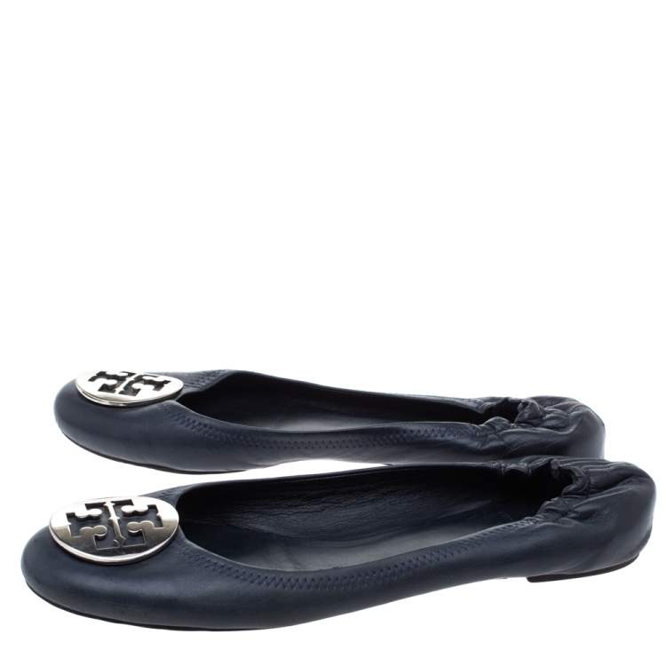 Pre Owned Tory Burch Navy Blue Leather Minnie Scrunch Ballet Flats Size 40.5