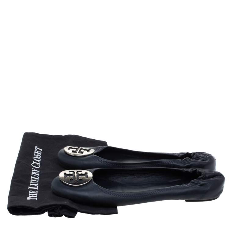 Pre Owned Tory Burch Navy Blue Leather Minnie Scrunch Ballet Flats Size 40.5