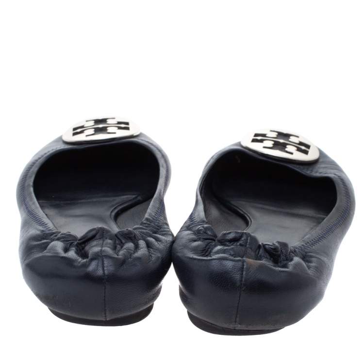 Pre Owned Tory Burch Navy Blue Leather Minnie Scrunch Ballet Flats Size 40.5