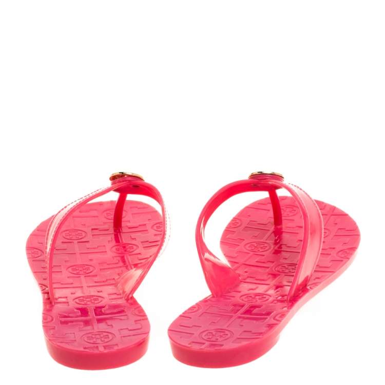 Pre Owned Tory Burch Parriot Pink Rubber Jelly Thora Thong Flats Size 39